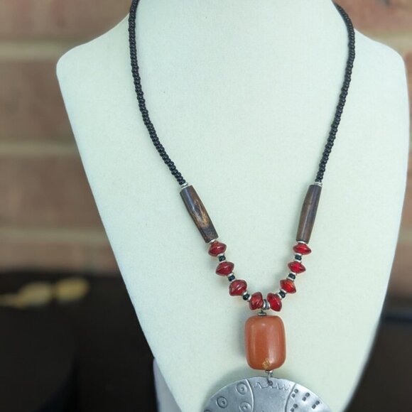 Large Boho Pendant Necklace, Tribal Statement Jewelry, Red Beaded Ethnic Necklac - Picture 1 of 7